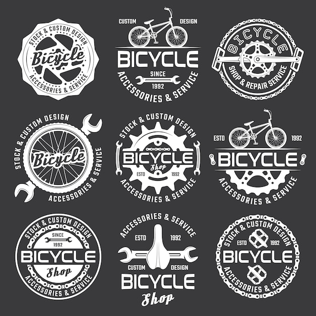 Vector bicycle shop or bike repair service set of vector white badges