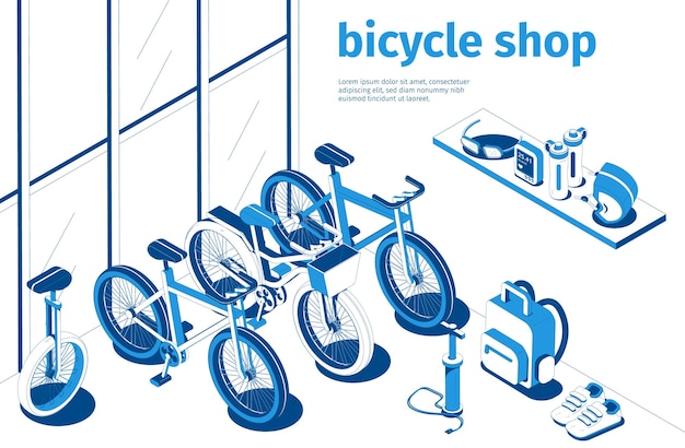 Vector bicycle shop isometric composition