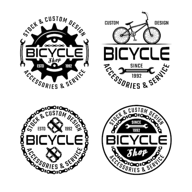 Negozio di biciclette e servizio di riparazione set di quattro emblemi monocromatici vettoriali distintivi etichette o loghi isolati su sfondo bianco
