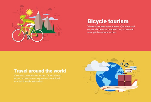 Bicycle travel mountain tourism, around world travel web banner flat vector illustration
