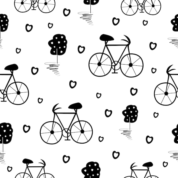 Bicycle and tree, black and white seamless pattern