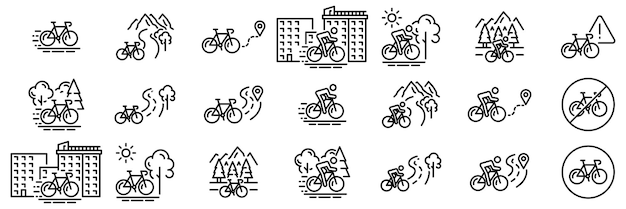 Vettore icone web di bicicletta viaggio natura torre della città bicicletta vettor in line style icone