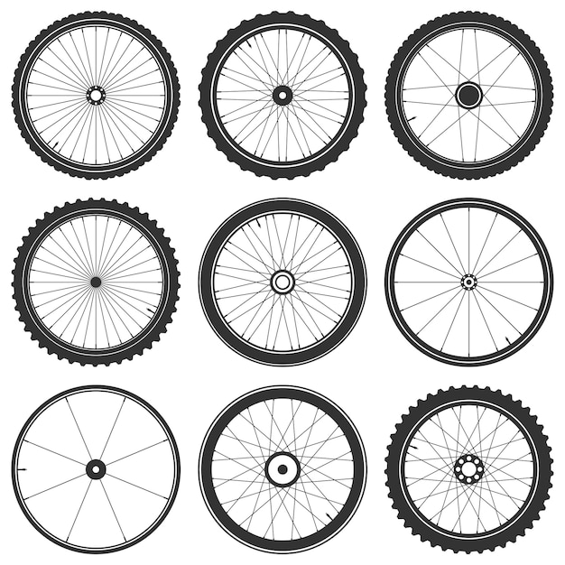 Vettore illustrazione vettoriale del simbolo della ruota della bicicletta gomma pneumatica da montagna valvola del ciclo di fitness mtb