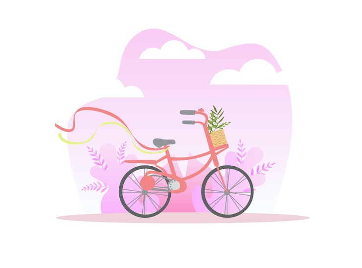 Vector 春または夏の背景のベクトルイラストに花のバスケットを持つ自転車