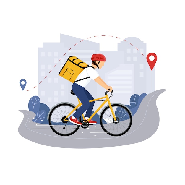 Bicycle with delivery man fast courier restaurant food mail delivery food