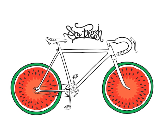 Bicycle with watermelon as wheel, t-shirt print.