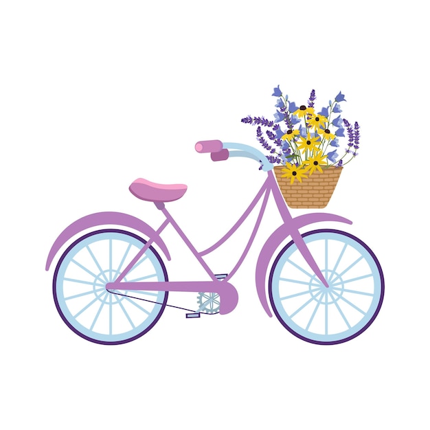 Vector bicycle with wildflowers in a basket on a white isolated background