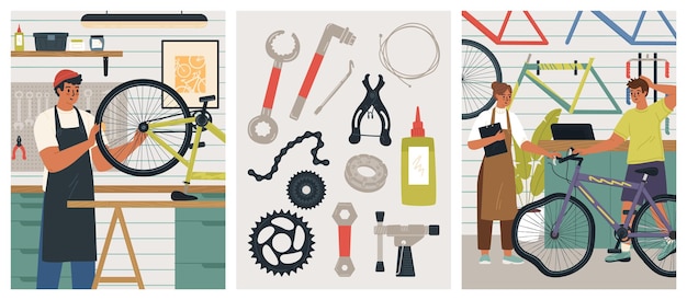 Vector bicycle workshop vector illustration isolated scene set