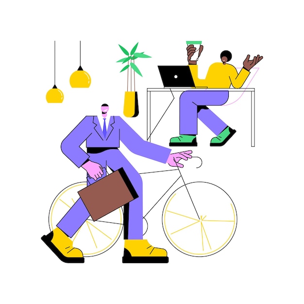 Вектор Велосипедный офис изолированные мультяшные векторные иллюстрации молодой человек приезжает на велосипеде в свой умный офис современное велосипедное рабочее место экологически чистый векторный мультфильм транспортного средства