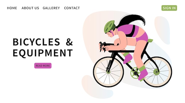 Bicycles and equipment store website template woman rides bicycle cyclist equipment helmet