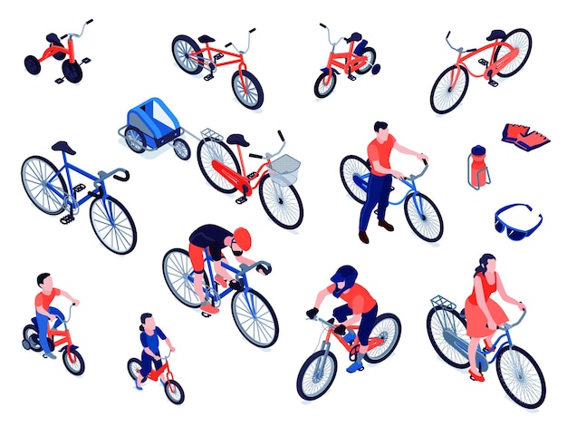 Vettore le icone isometriche delle biciclette hanno messo con i rimorchi delle bici dei bambini della città della montagna di sport per l'illustrazione di vettore del carico dell'animale domestico del bambino