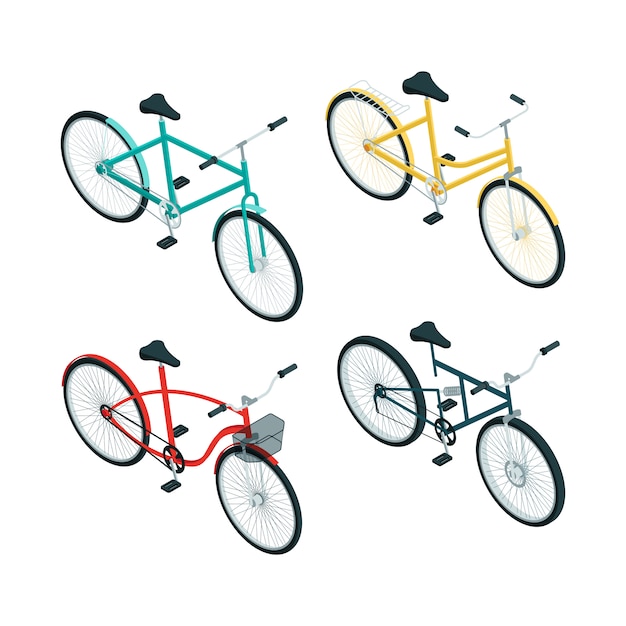 Bicycles isometric. Various types  bikes on white