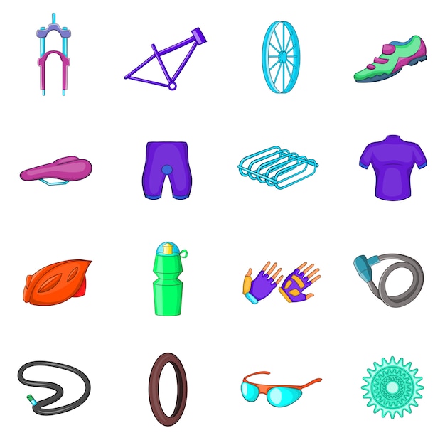 Bicycling icons set in cartoon style