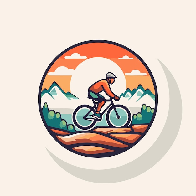 Bicyclist riding mountain bike round icon logo badge vector illustration