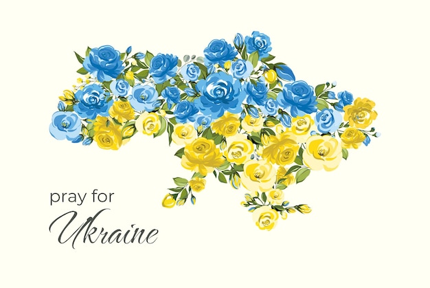 Bid voor Oekraïne kaart kaart van Oekraïne met gele en blauwe bloemen vectorillustratie in vlakke stijl
