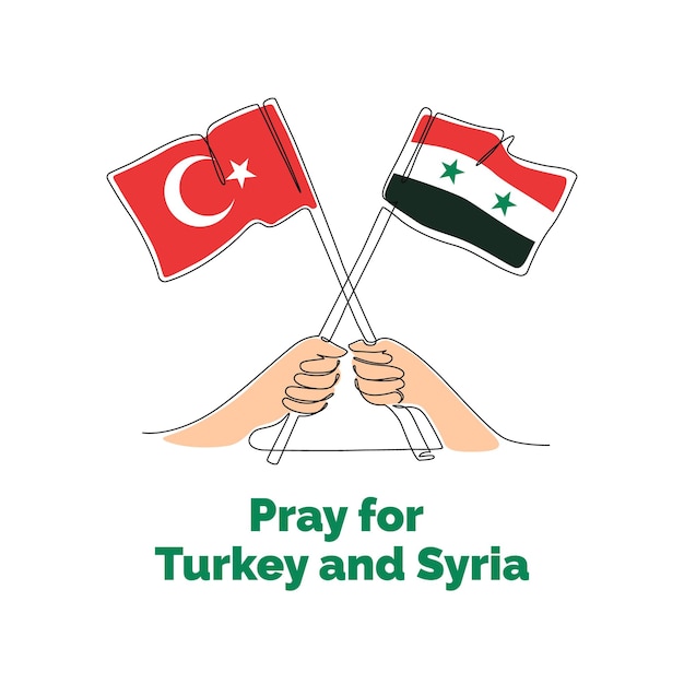 Bid voor Turkije en Syrië Een doorlopende lijntekening van posterontwerp met vlaggen