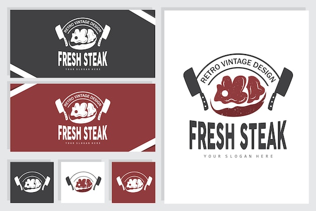 Biefstuk Logo Vintage Retro Rustieke Bbq Grill Thema Ontwerp Stijl Barbecue Vers Vlees Vector Pictogram Symbool Illustratie