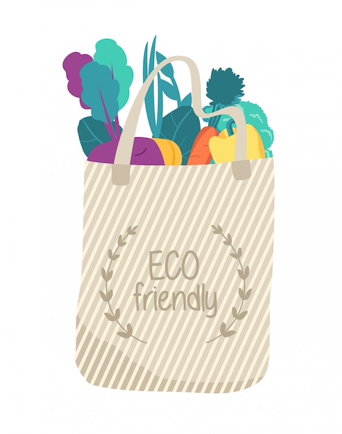 Vector biege eco tas met biologisch voedsel. verschillende groenten. herbruikbaar.