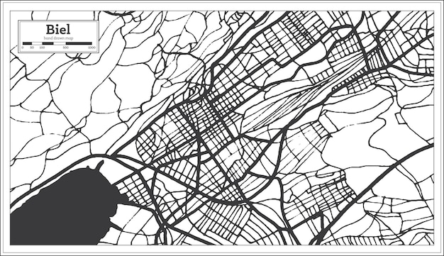 Карта города Биль Швейцария в черно-белом цвете в стиле ретро