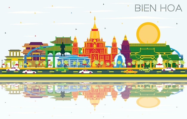 Vettore bien hoa vietnam skyline della città con edifici di colore cielo blu e riflessi