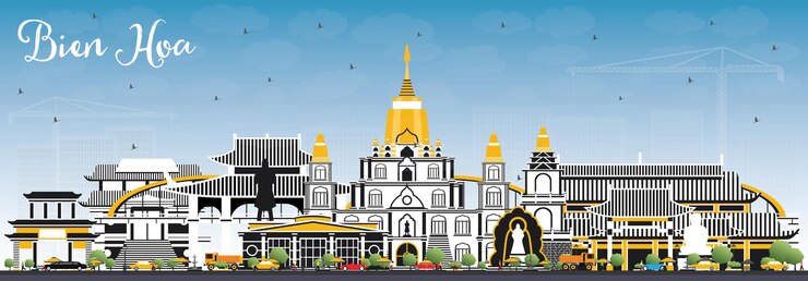 Vector bien hoa vietnam city skyline with gray buildings and blue sky. vector illustration. business travel and tourism concept with historic architecture. bien hoa cityscape with landmarks.