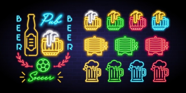 Bier en voetbal fans club pictogrammenset met neon licht gloeiende vectorillustratie