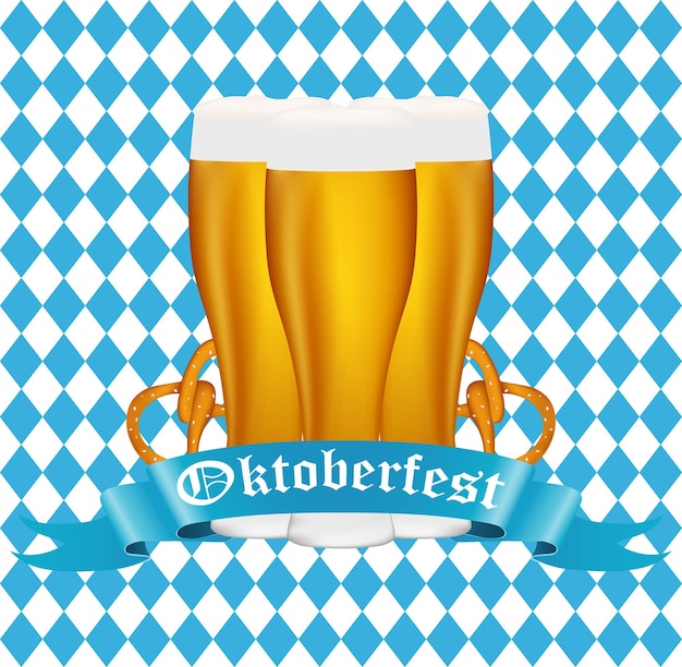 Bier met pretzel voor het Oktoberfest festival op witte achtergrond met lint