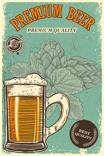 Vector bier poster sjabloon met mok en bier hop. ontwerpelement voor poster, t-shirt, embleem, teken, label. vector illustratie