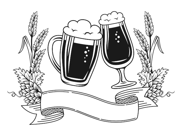 Bierfestival advertentie poster Oktoberfest tarwe oor hop banner monochroom gravure ontwerp