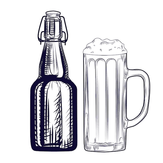 Bierfles en Bierpul. Graveerstijl. Hand getrokken vectorillustratie geïsoleerd