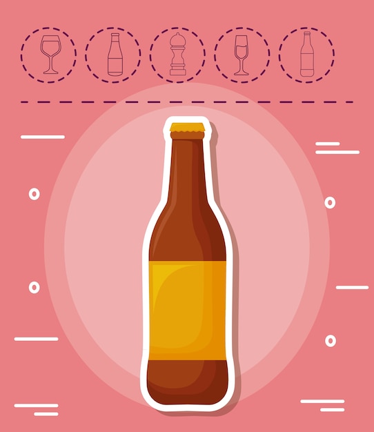 bierfles en picknick gerelateerde pictogrammen op roze achtergrond, kleurrijk ontwerp. vectorillustratie