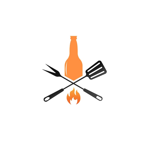 Vector bierfles met grillhulpmiddelen bar en grill-logo