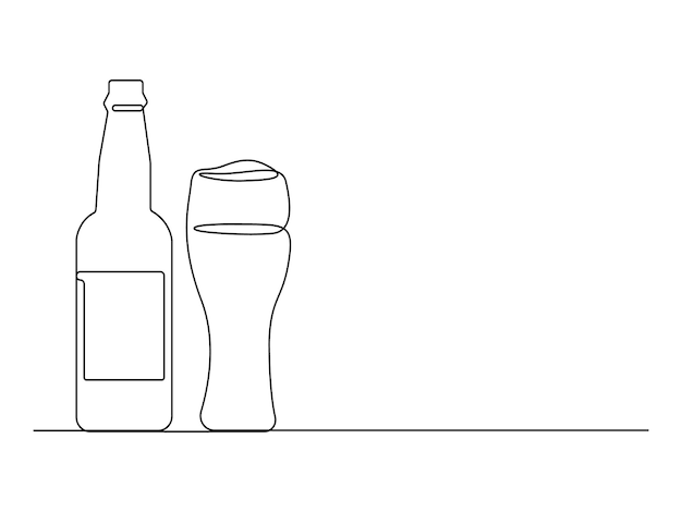 Bierglas en fles doorlopende één lijn tekening vector illustratie pro vector