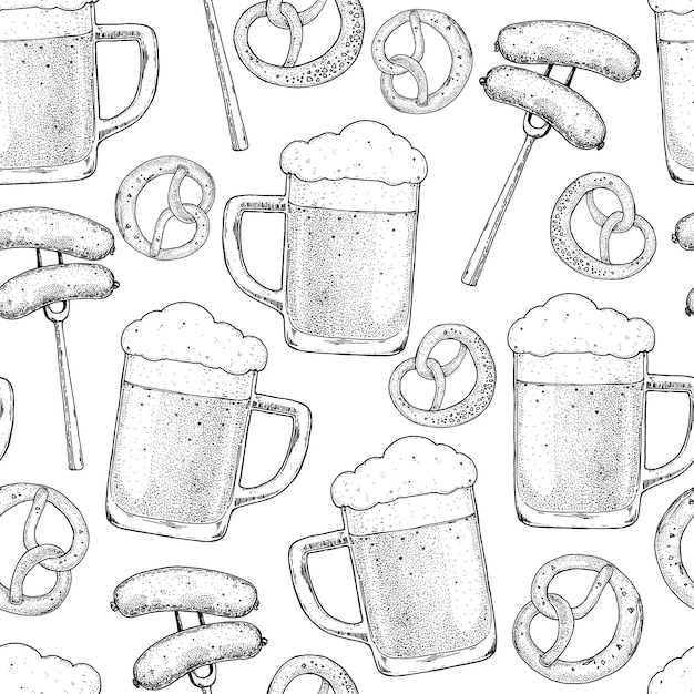 Bierpul worstjes en pretzels naadloze patroon Hand getrokken schets Vector illustratie Eten en drinken achtergrond Vintage ontwerpsjabloon