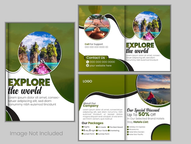 Vector bifold travel brochure template with cover page design for company agency