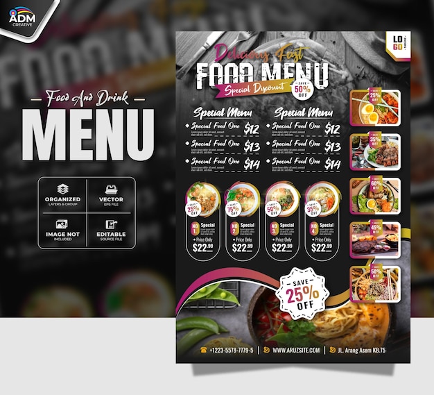 Bifoldbrochure en flyermodel voor het menu van voedingsmiddelen en dranken in een restaurant