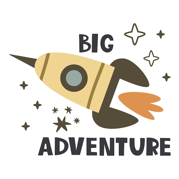 big adventure Cartoon spaceship hand drawing lettering decor elements