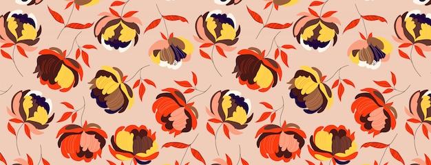 Big autumn peonies flower pattern. Warm seamless background. Hand-drawn modern illustration of big flower heads with orange leaves on a solid colour.