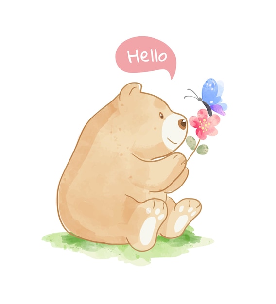 Big bear holding fiore e farfalla illustrazione