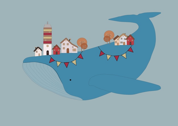 Большой красивый кит с домами и деревьями сзади изолированные объекты на синем фоне