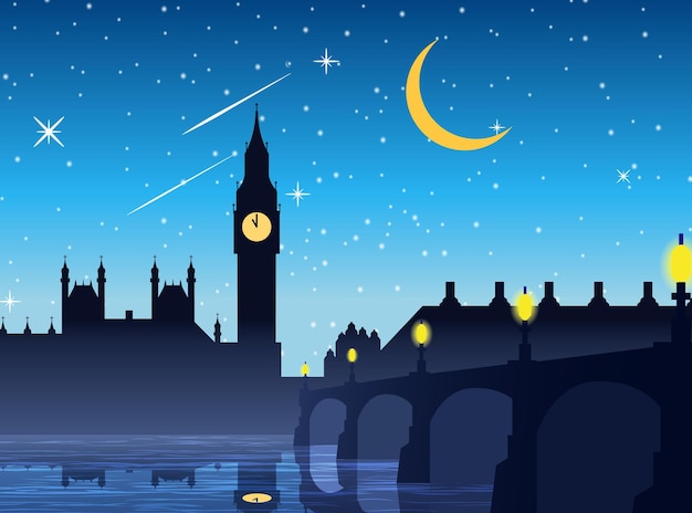 ビッグベン時計イギリスの有名なランドマークロンドンの夜のシーンシルエットstylevectorイラスト