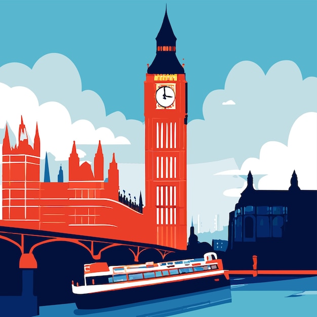 Vector big ben clock tower and thames river london vector illustration