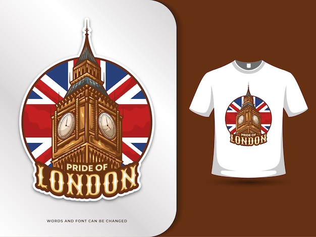 ビッグベンロンドンのランドマークとtシャツのデザインテンプレートとイギリスのイラストの旗