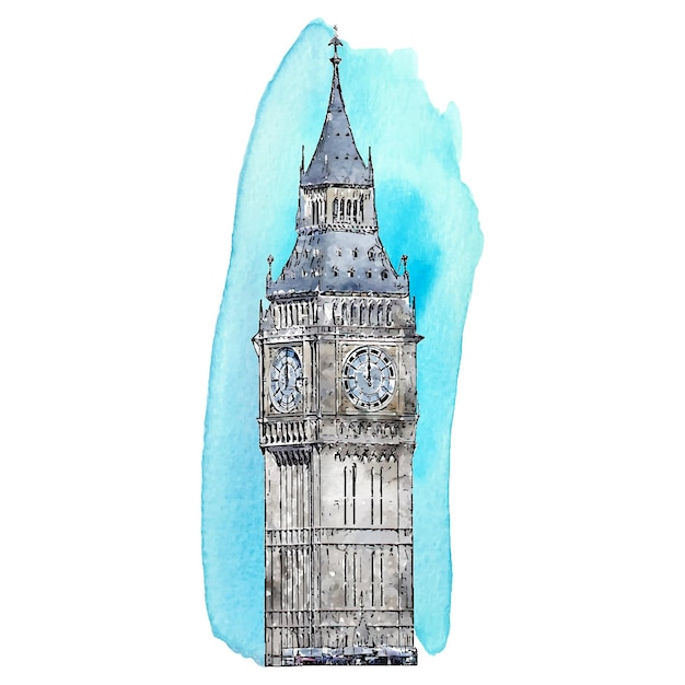 Big ben london watercolor hand drawn illustration isolated on white background