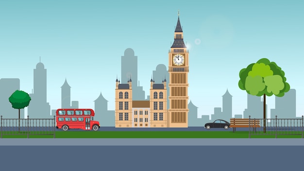 Vector big ben. park on the background of big ben. red bus, park, london