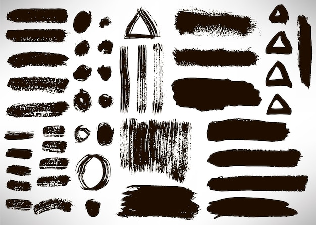 Grande set nero di pennellata grunge. collezione di linee di pennelli ink, linee grunge, anelli, strisce, di
