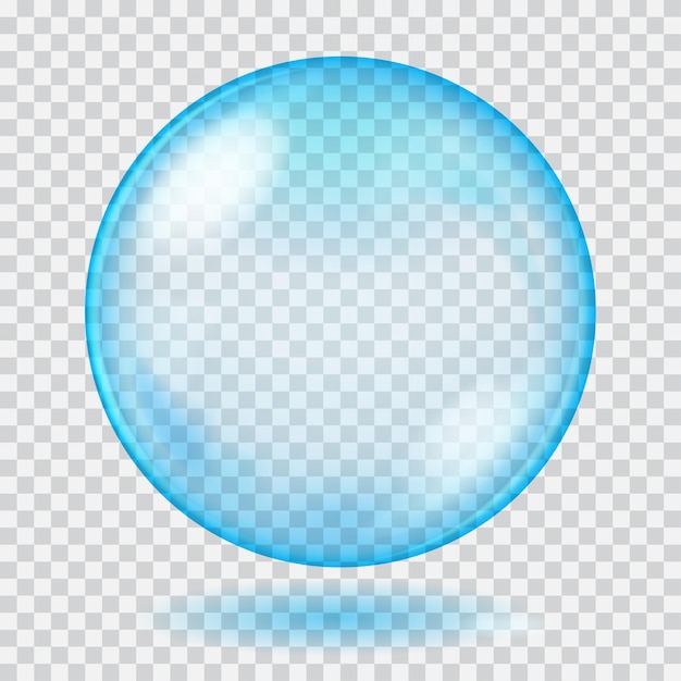 Big blue transparent glass sphere with glares and shadow.