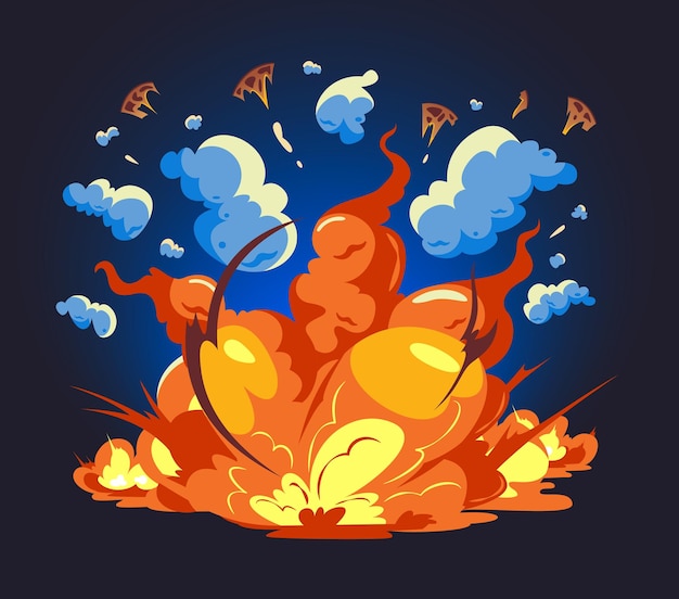Vector big bomb explosion with fireball shrapnel and smoke on dark background cartoon vector illustration