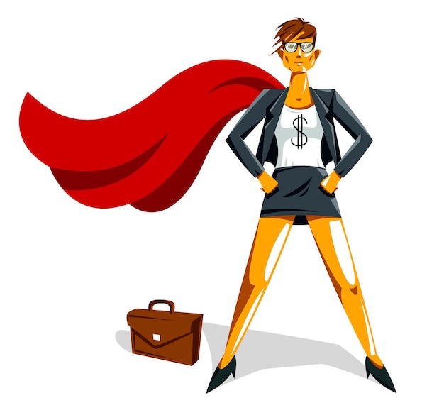 Vector big boss business woman stands confident serious like superhero vector illustration, girl in business super hero power and strength, female manager to success.