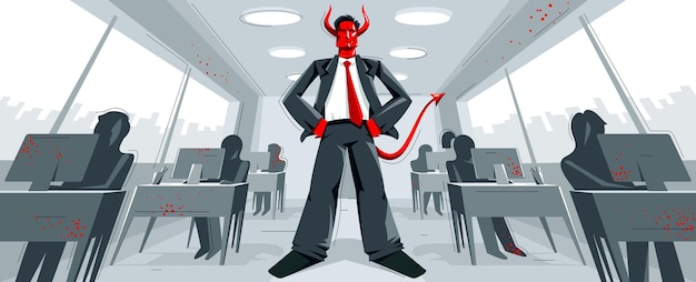 Vector big boss director with horns like demon or devil stands in center of office with employees confident serious and angry vector illustration, bad boss despot and tyrant concept, manager in control.